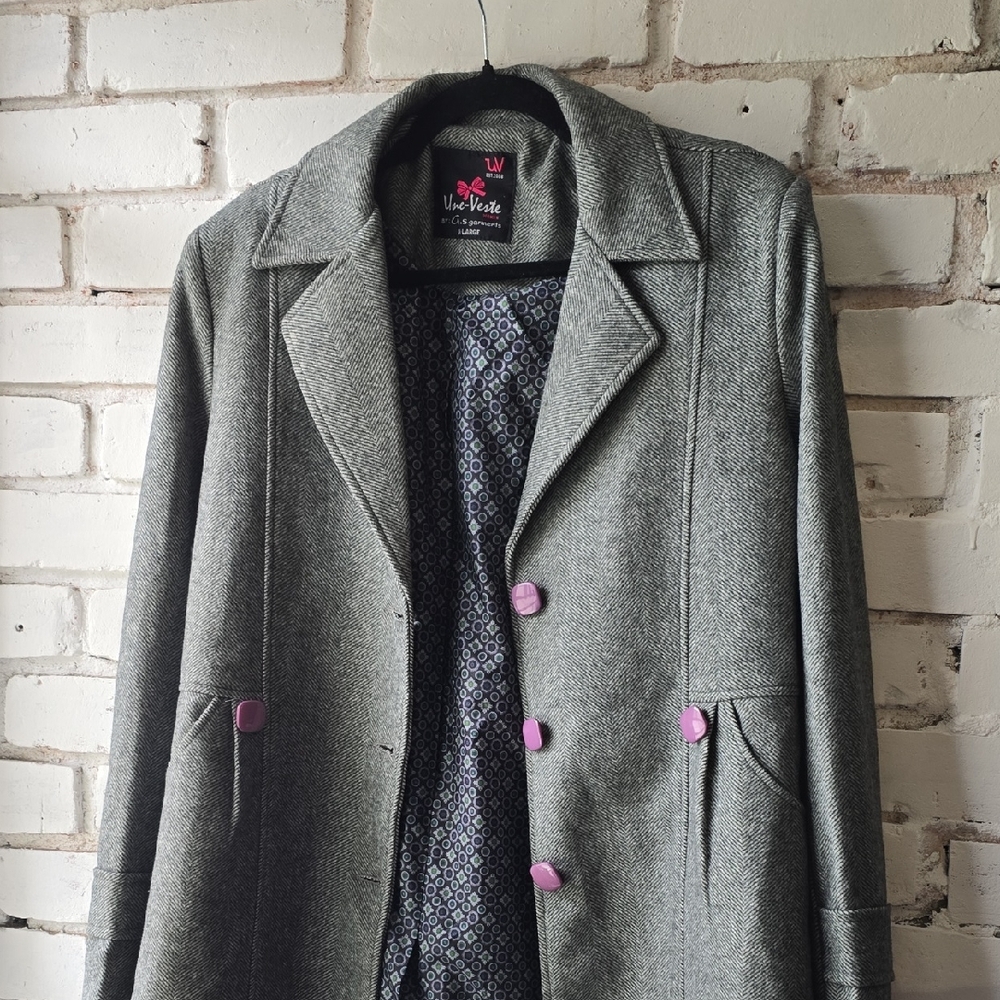 Women's Gray Pea Coat with Pink Accents